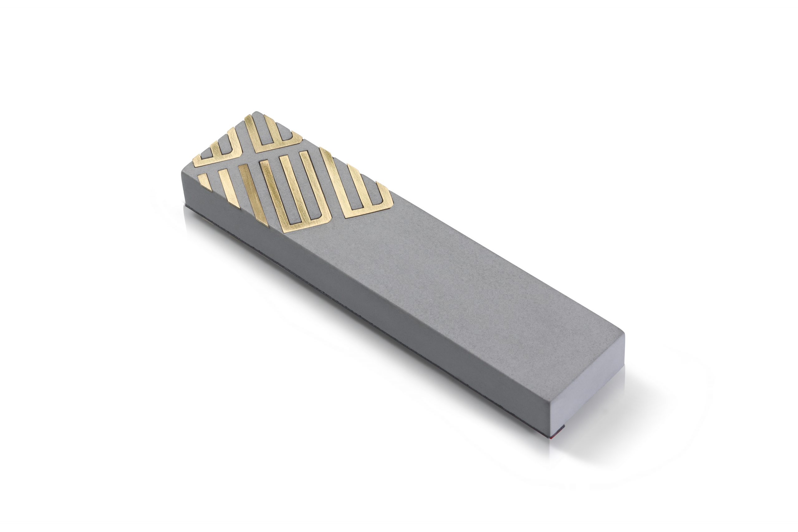 Elegant Mezuzah Case – Diagonal Shin Design In Concrete And Gilt Brass