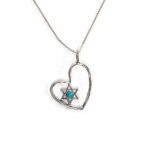 Silver Star Of David Heart Pendant With Turquoise